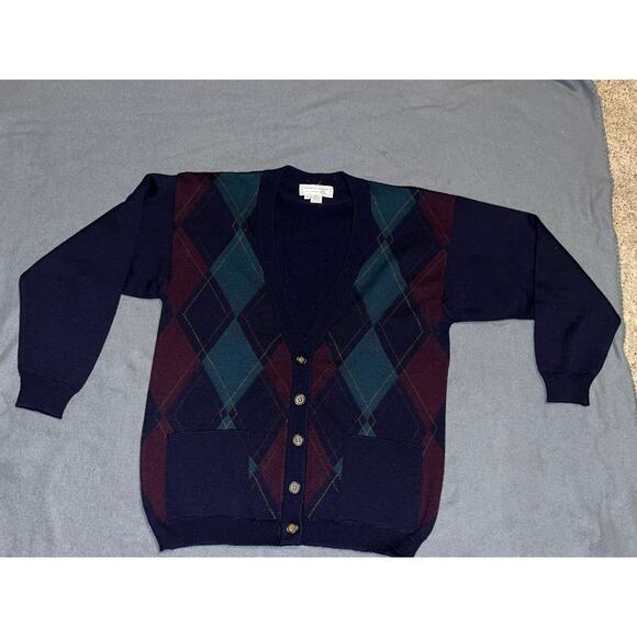 Tricots St. Raphael Argyle Sweater Set Navy Green Red Cardigan Vest Wool - Picture 2 of 12